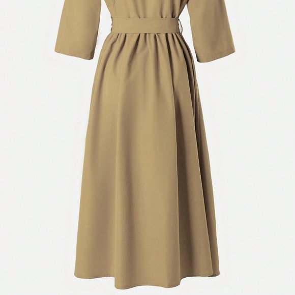 Apricot Elegant Women's Lady Solid Color Button Front Half Placket Waist Cinched - Picture 4 of 5